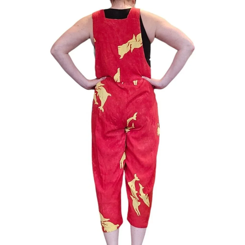 Womens XS To M Red Tiedye Cropped Overalls Bibs Rayon Dolphins Beach‎ Hippie